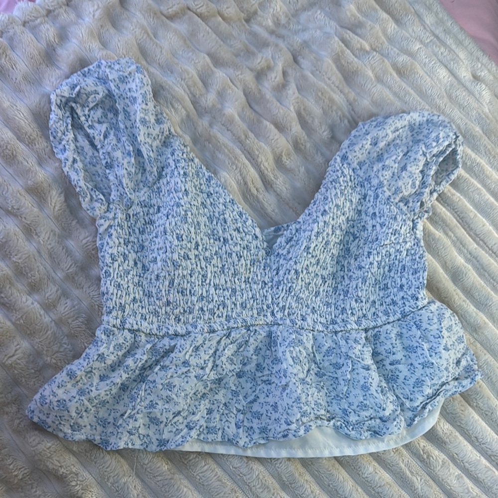 Hollister Blue and White Smocked Peplum Blouse
